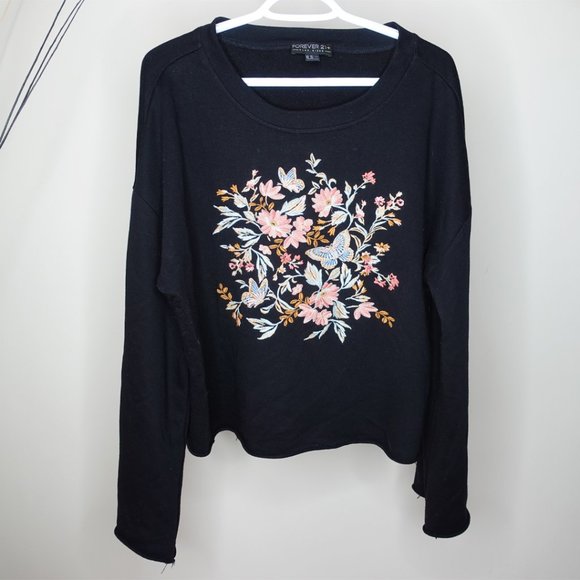 Forever 21 Bell Sleeved Black Sweater with Florals - Picture 1 of 4